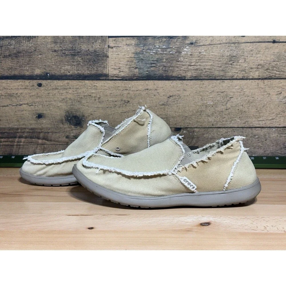 🔥🐊Crocs Santa Cruz Mens 10 Khaki Tan Canvas Slip On Loafers Distressed -GREAT